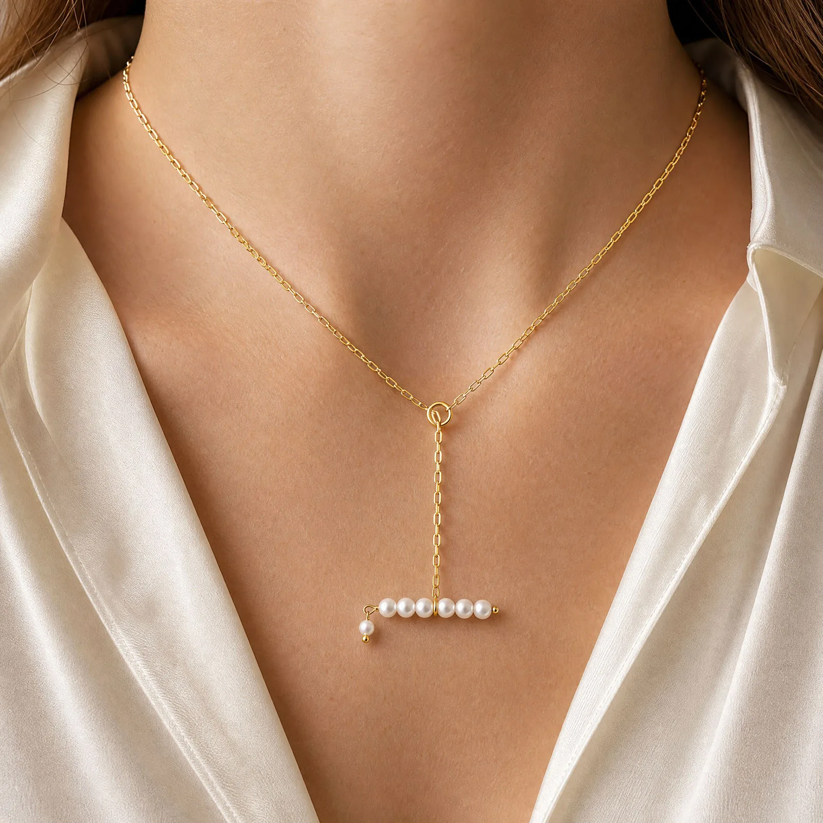 Classic Imitation Pearl OT Toggle Clasp Y-shaped Necklace for Women,Stainless Steel Geometric Thin Chain Lariat Necklace Jewelry