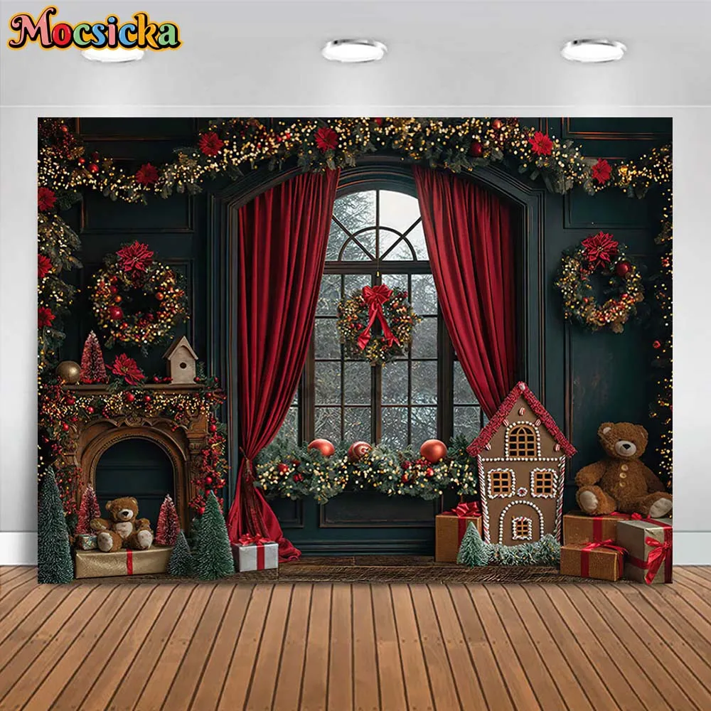 Mocsicka Christmas Photography Background Vintage Wall Window Red Curtain Wreath Family Portrait Backdrop Studio Photocall Props