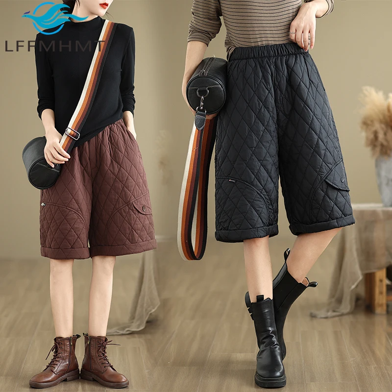 

Women Argyle Plaided Down Quilted Shorts Good Quality Elastic Waist Loose Casual Wide Leg Thicken Fleece Warm Half Length Pants