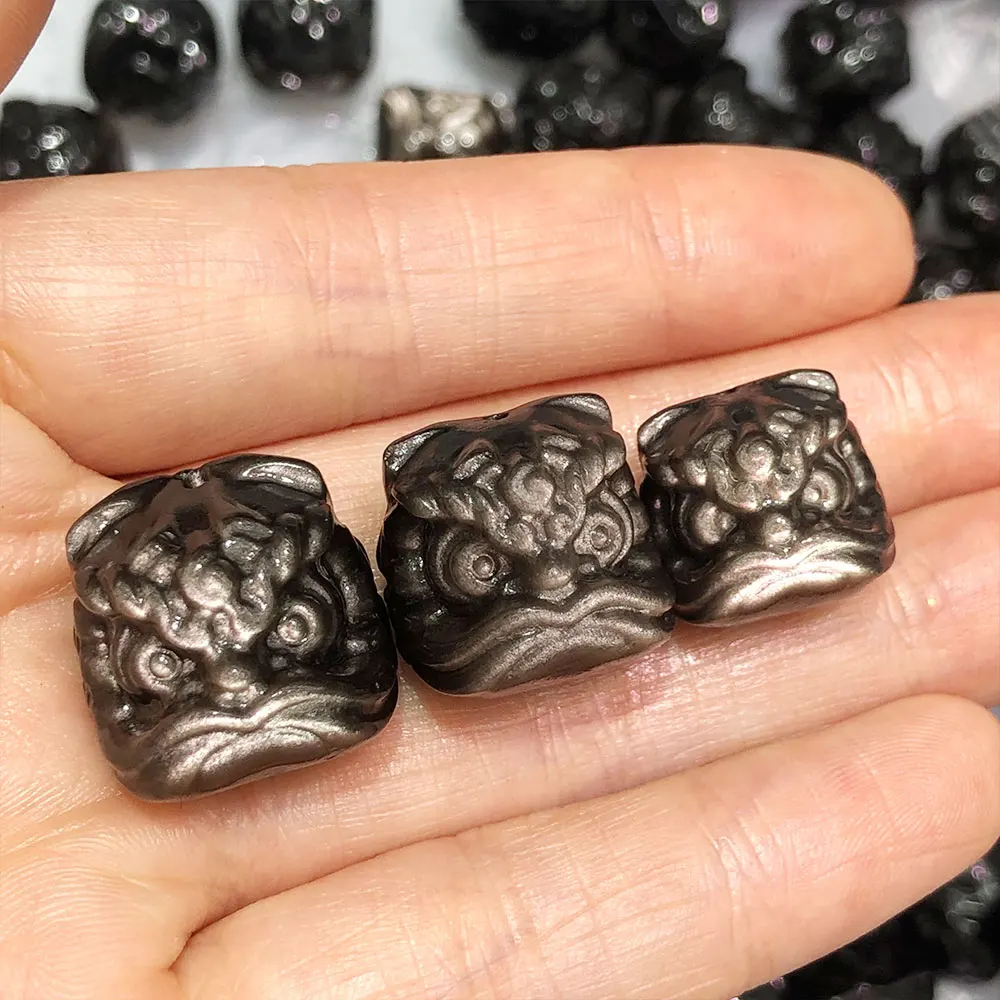 3pcs/Lot Natural Stones Silver Obsidian Lion Dance Head Mini Carvings Crystals Crystal Stone Home