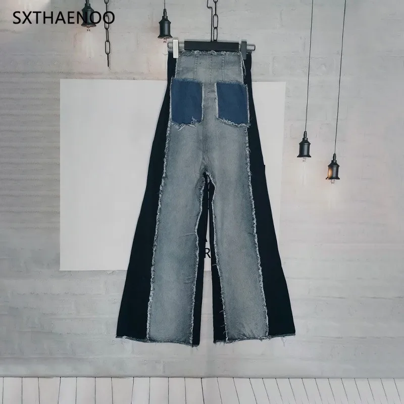 بنطلون جينز نسائي عتيق عالي الخصر وواسع الساق من SXTHAENOO مع كتلة ألوان + حواف مرقعة وحاشية خام #4