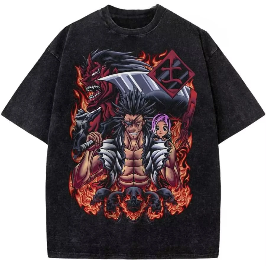 Zaraki Kenpachi BLEACH Graphic T‑shirt Unisex Oversized Short Sleeve Washed Retro Daily Wear Cotton Streetwear Tops