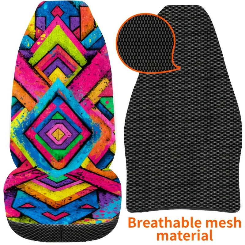 Two Pieces Of Bohemian Style Colorful Geometric Printed Car Seat Covers, Easy To Clean, Unisex Front Seat Protectors For Cars, F
