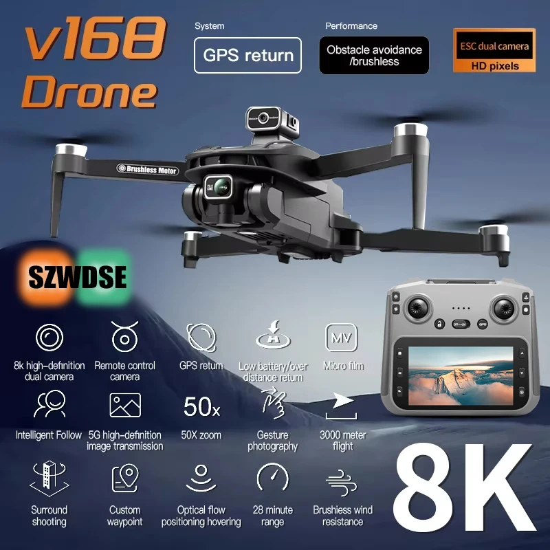 V168 tela máxima lcd rc drone 8k câmera hd sem escova gps motor enviar cartão de memória evitar obstáculos dobrável quadcopter dron brinquedo