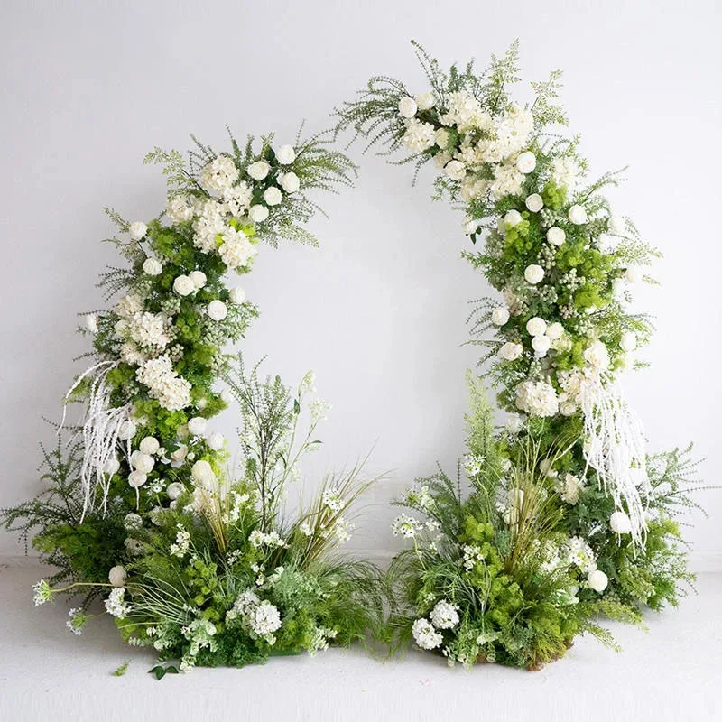 Uflower Groene Planten Blad Witte Roos Bloem Rij Bruiloft Achtergrond Hoorn Boog Stand Decor Podium Gangpad Vloer Bloemstuk Prop - afbeelding 2