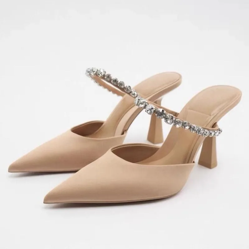 2024 Summer High Heeled Mules Shoes for Women Beige Black Suede Shiny Diamond Chain Sexy Pointed Toe Party Sandals Slingbacks