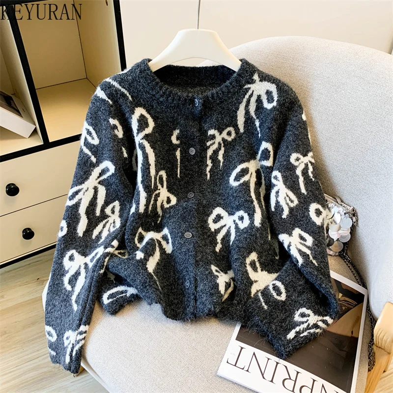 

Жаккардовый вязаный кардиган с бантом, женский осенний 2022, винтажный однобортный свитер с круглым вырезом и длинными рукавами, трикотажные топы, женские джемперы