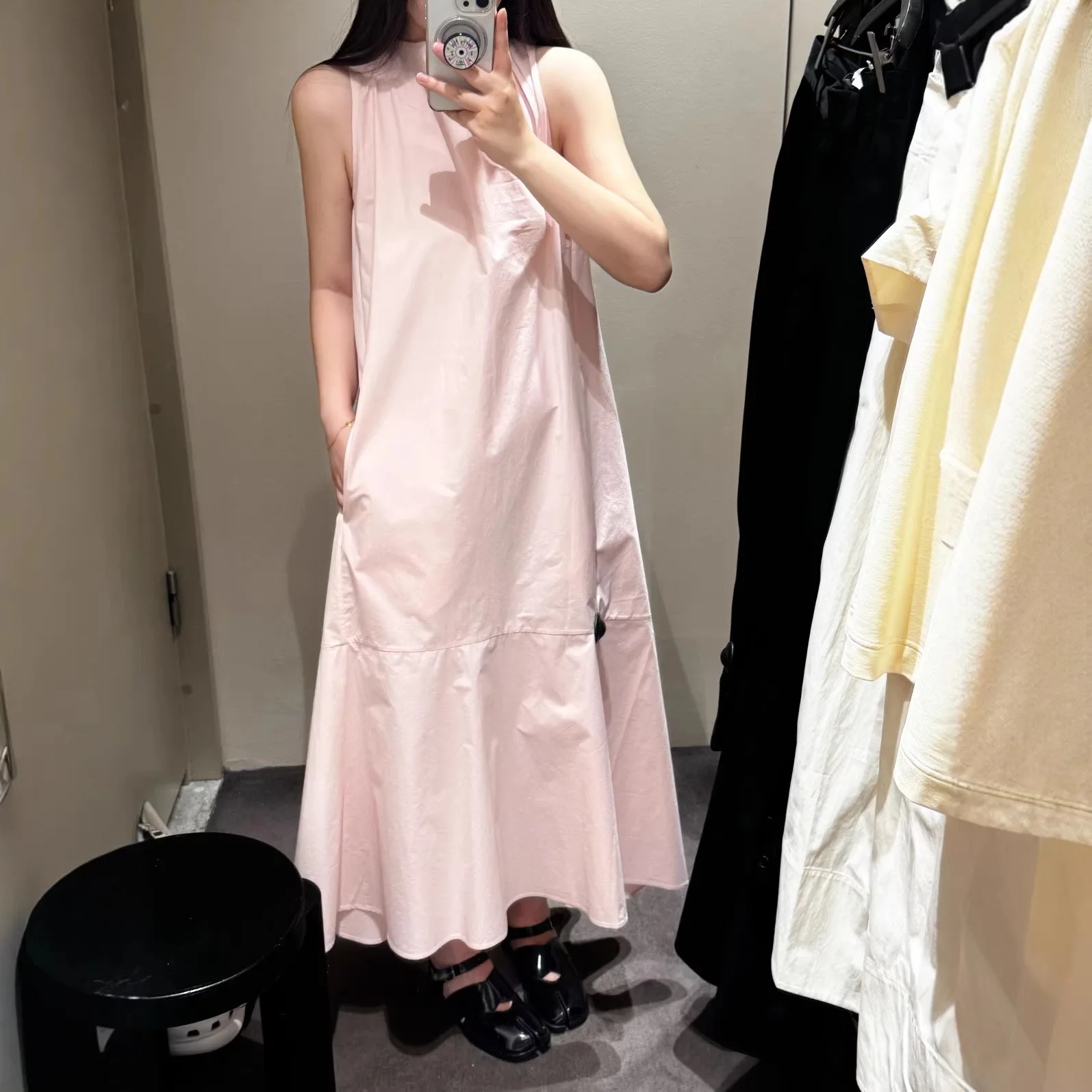 

Summer New Women's Round Neck Simple A-Line Commute Sleeveless Pink Midi Length Dress Casual Holiday Dresses Vestidos