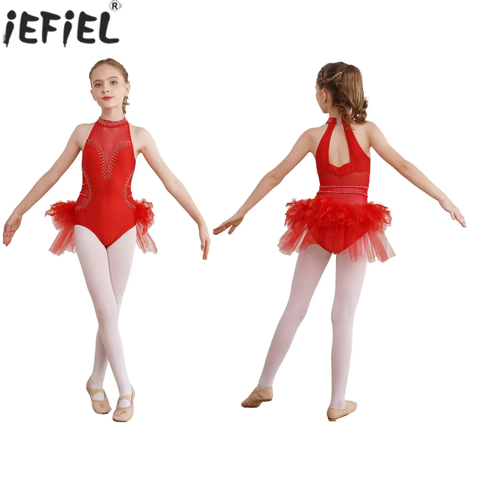 Kids Girls Sleeveless Sheer Mesh Feather Ballet Tutu Dress Figure Skating Latin Dance Cha-cha Rumba Samba Rumba Tango Leotard