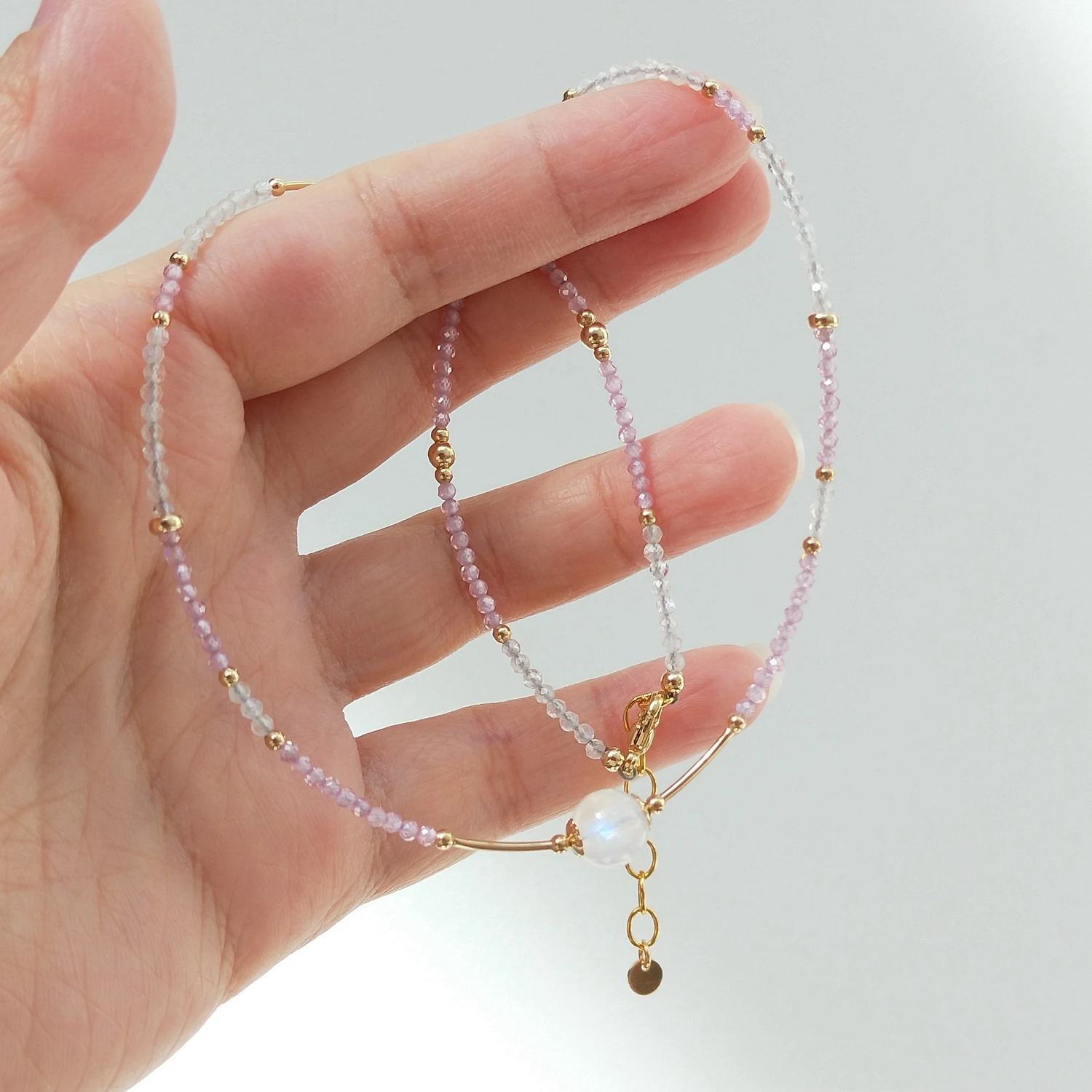 Lii Ji Tiny Beaded 14K Gold Filled Choker Necklace 38+5cm Natural Pink Zircon Moonstone Etc. Handmade Jewelry For Gift