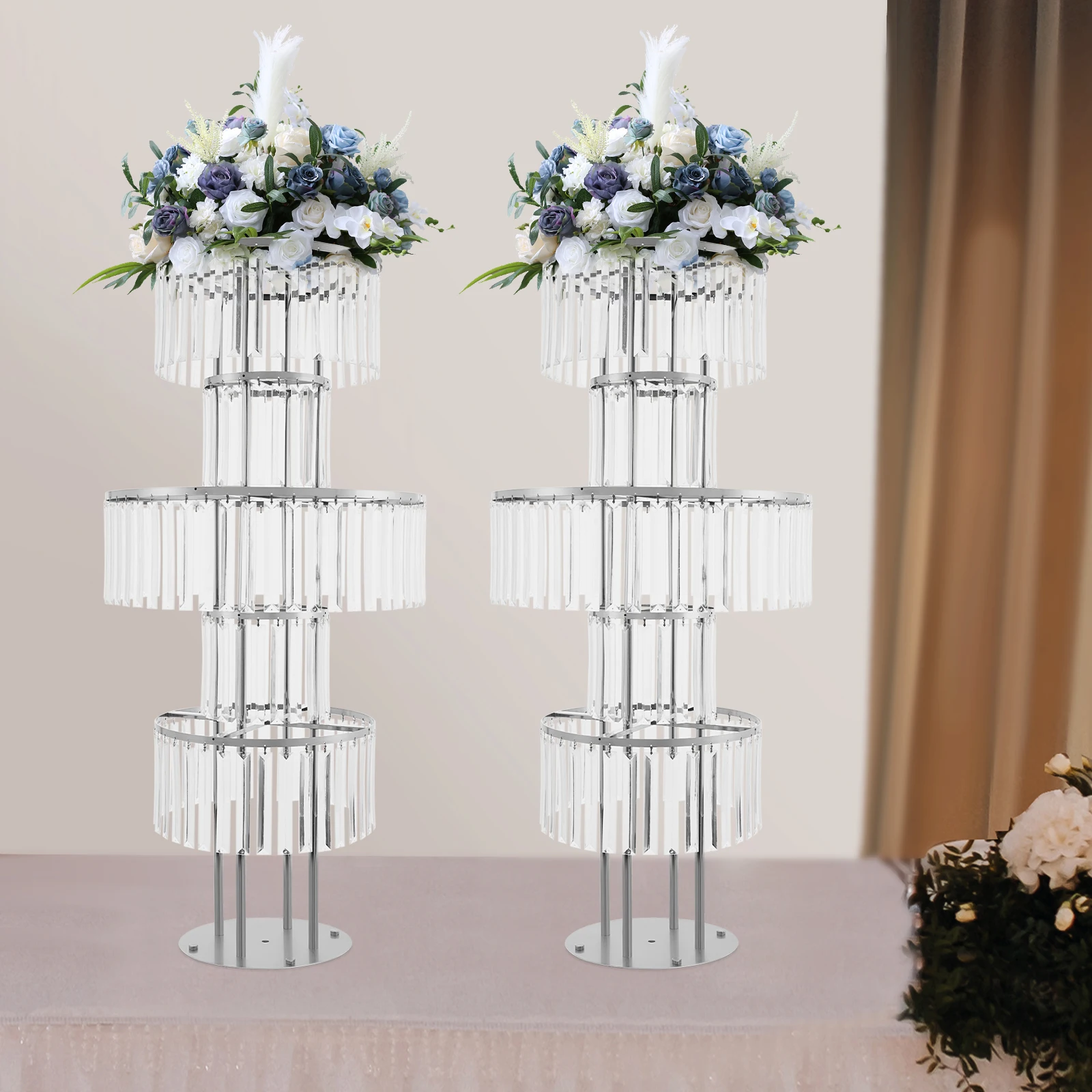 

2PCS Silver Crystal Vases for Centerpieces, 5-Tier Round Flower Stands 43.3in Metal Pedestal Stands for Wedding Event Site DIY Decoration
