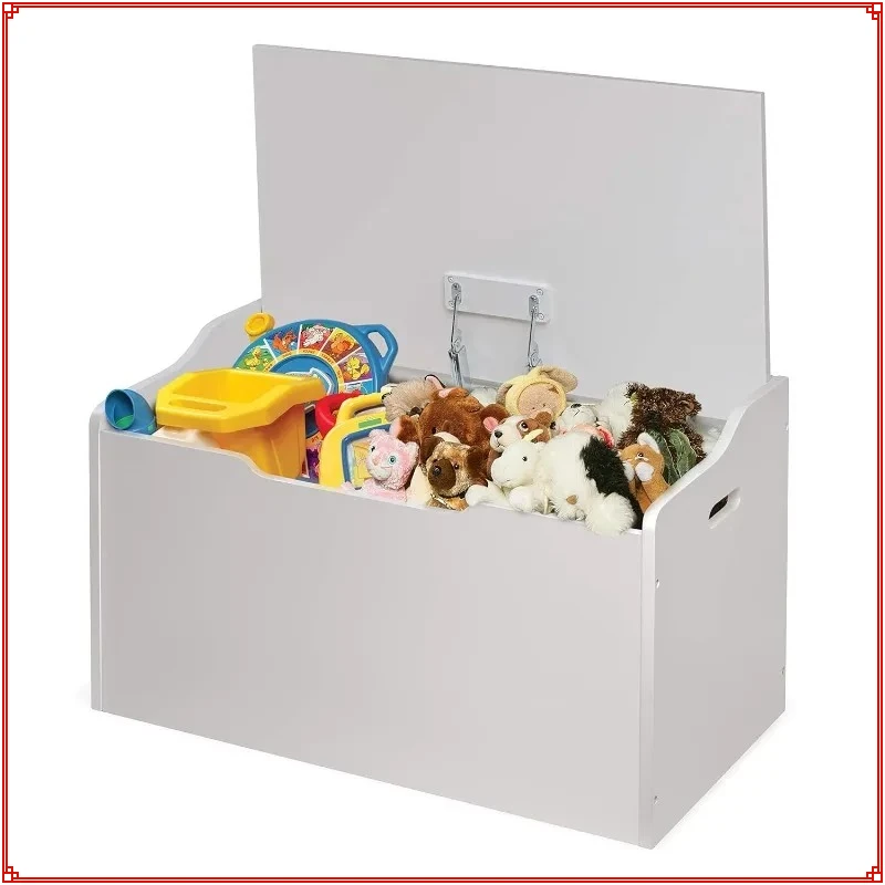 مقعد تخزين ألعاب آمن للأطفال خشبي - أبيض مع مفصلات أمان ومقابض لتنظيم غرفة اللعب #1