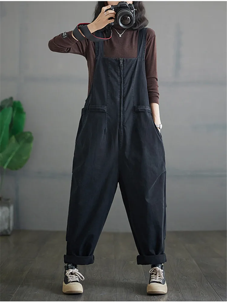 Black Loose Denim Jumpsuits Women Autumn Korean Straight Wide Leg Pants Fashion Clothing 2024 Summer New Romper Ropa De Mujer