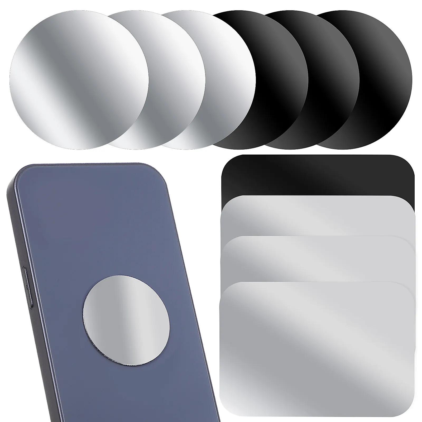 12Pcs Metal Plate Kit Round Rectangle Self-Adhesive Phone Car Holder Mount Plate Smooth Edge Design Strong Bond Sticker for Any