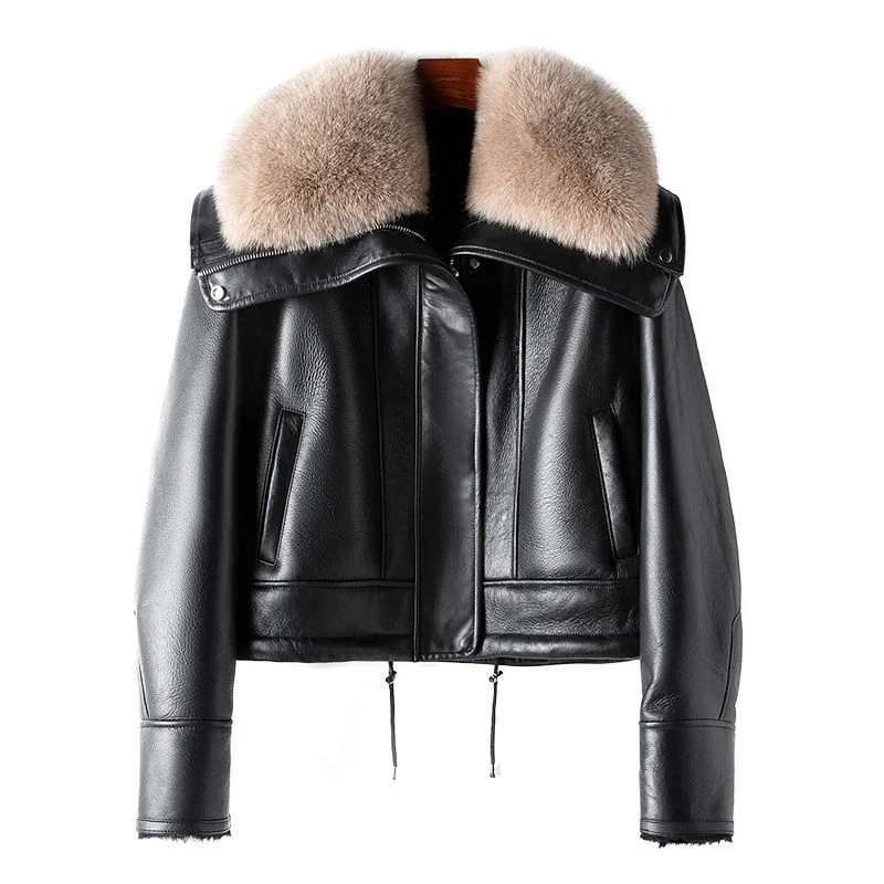 Fashion Real Fox Fur Collar Double-faced Fur Sheepskin Jackets Coats Women Raglan Sleeve Short Real Leather Motorcycle Jackets