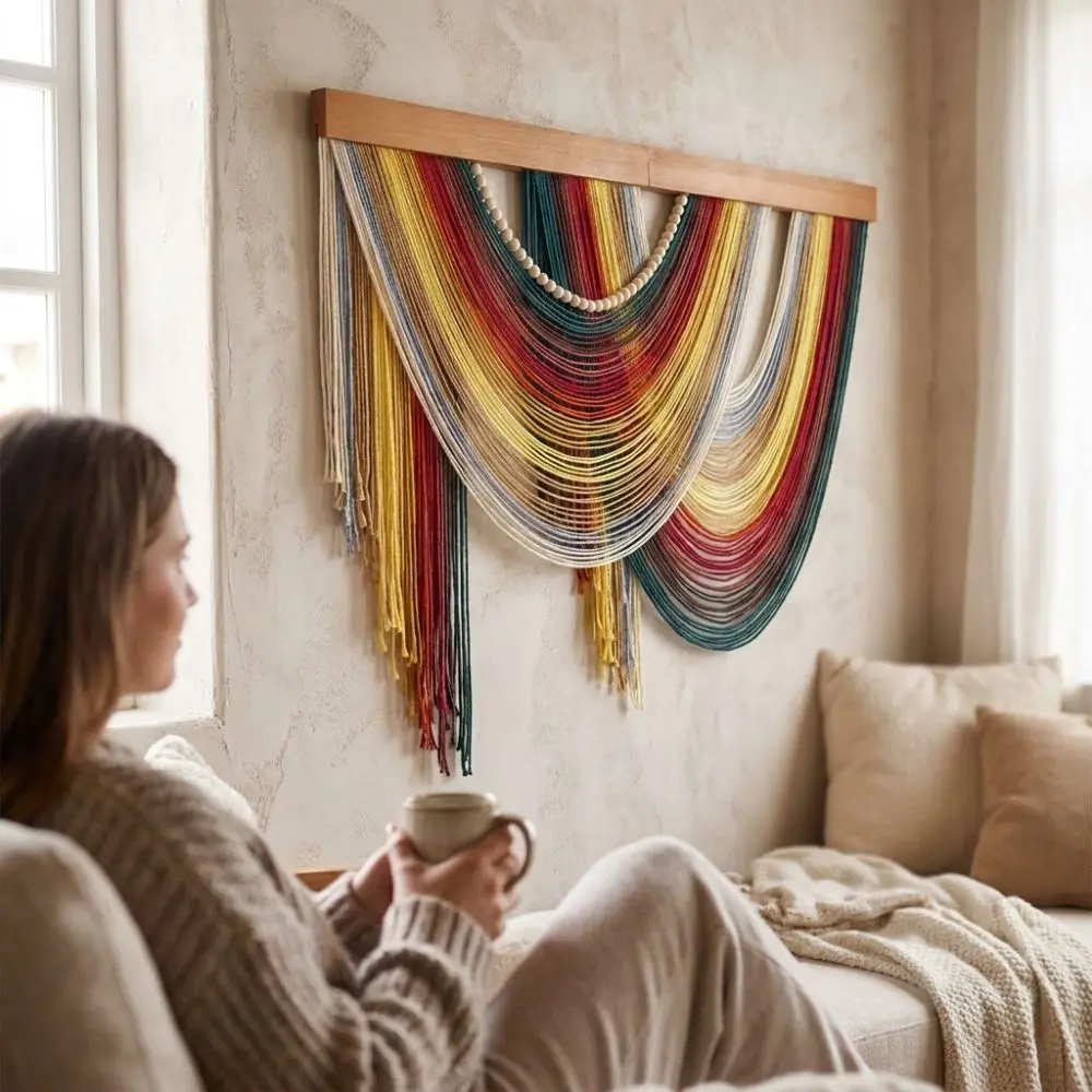 Wooden Bohemian Wall Decor Wall Art Hand-Woven Macrame Wall Hanging Cozy Handmade Aesthetic Wall Hanging Pendant Household