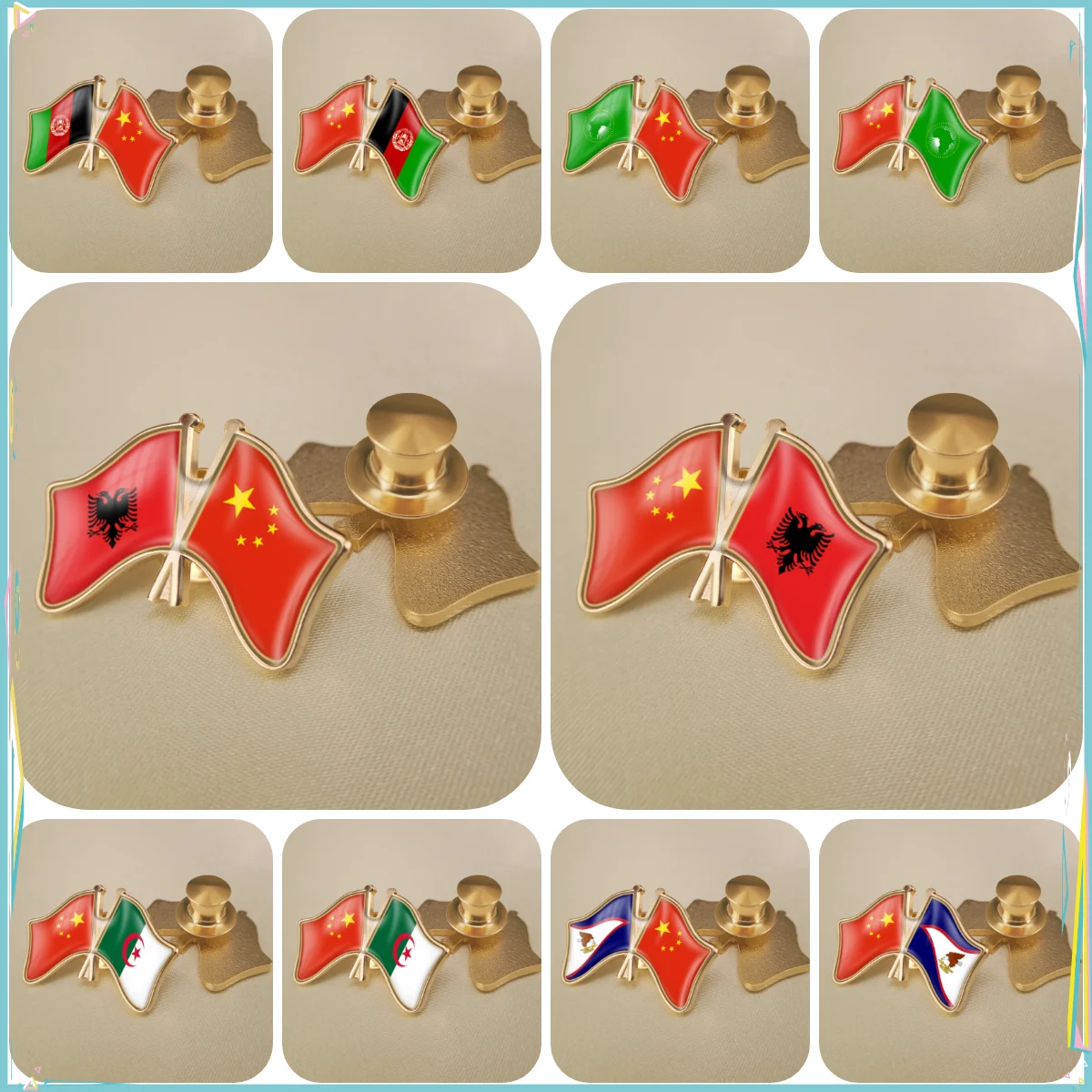 China and Afghanistan Albania African Union Algeria American Samoa Crossed Double Friendship Flags Lapel Pins Brooch Badges