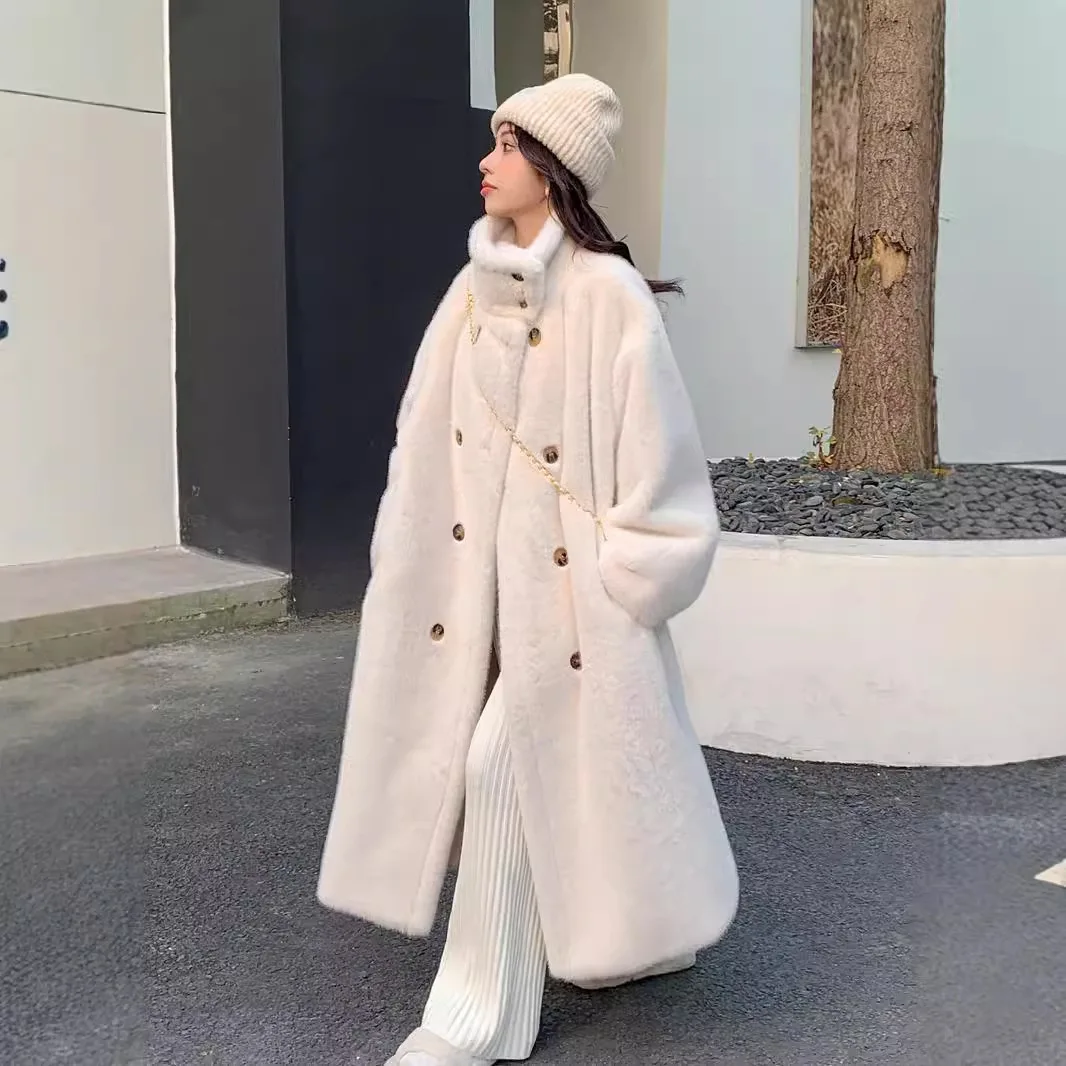 

Luxury High Quality Winter Stand Collar Faux Mink Fur Jacket Fluffy Fur Trench Coat Furry Long Coats Oversized Plush Coat Button
