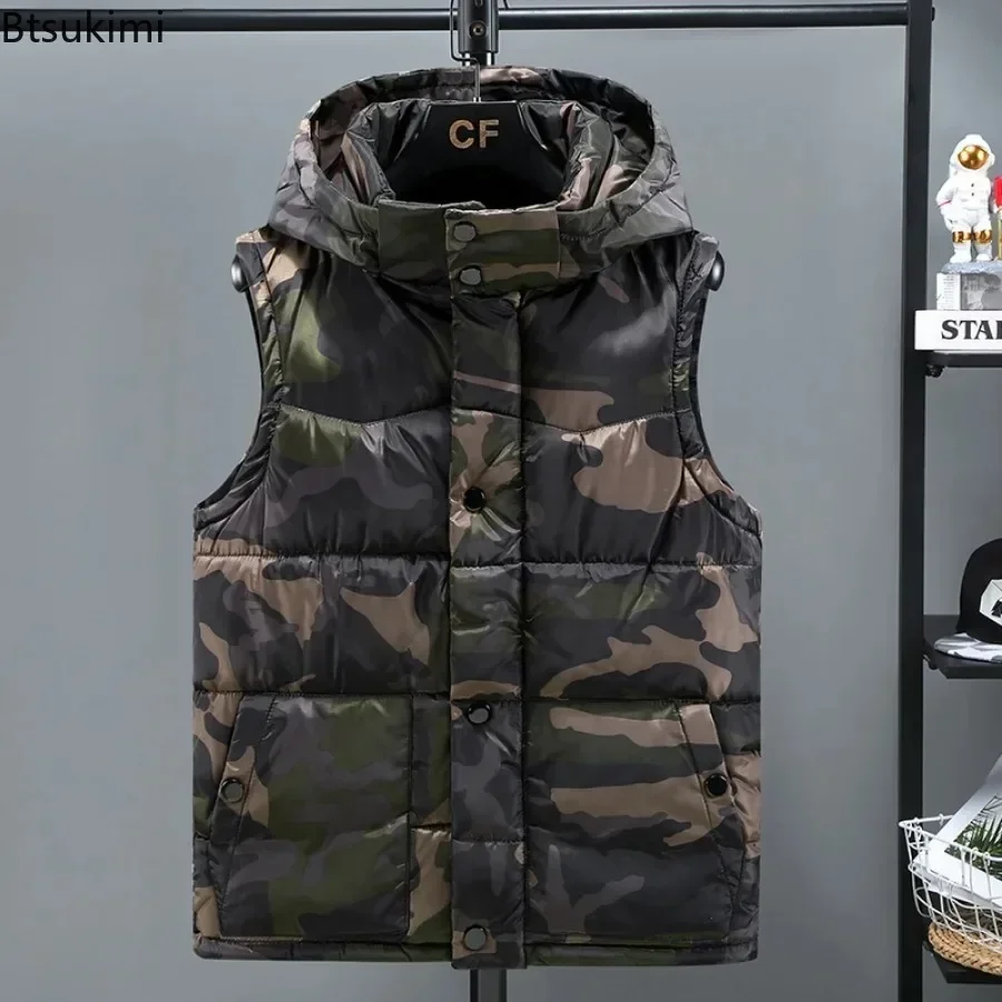 2026 Men\'s Camouflage Vest Top Thickened Cotton-padded Vest Winter Waterproof Warm Sleeveless Jacket Men Hooded Casual Waistcoat
