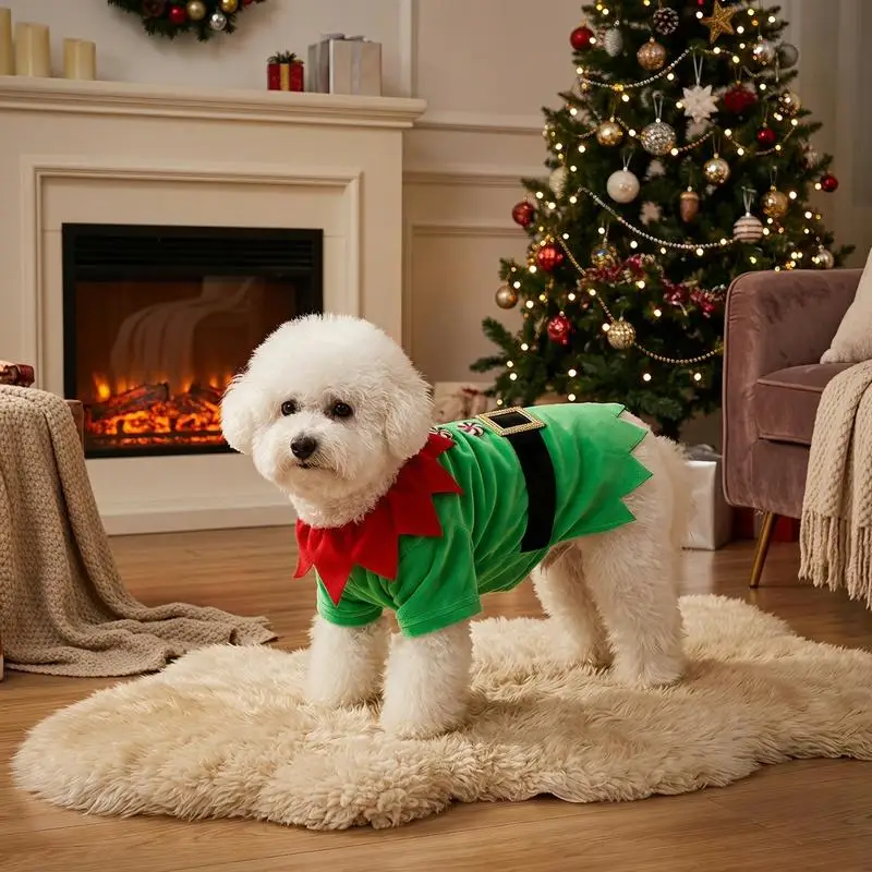 Ein T-Shirt für Hunde, ein weihnachtliches Elfen-T-Shirt mit Knöpfen, weihnachtliche Haustierkostümkleidung. – Detail 5