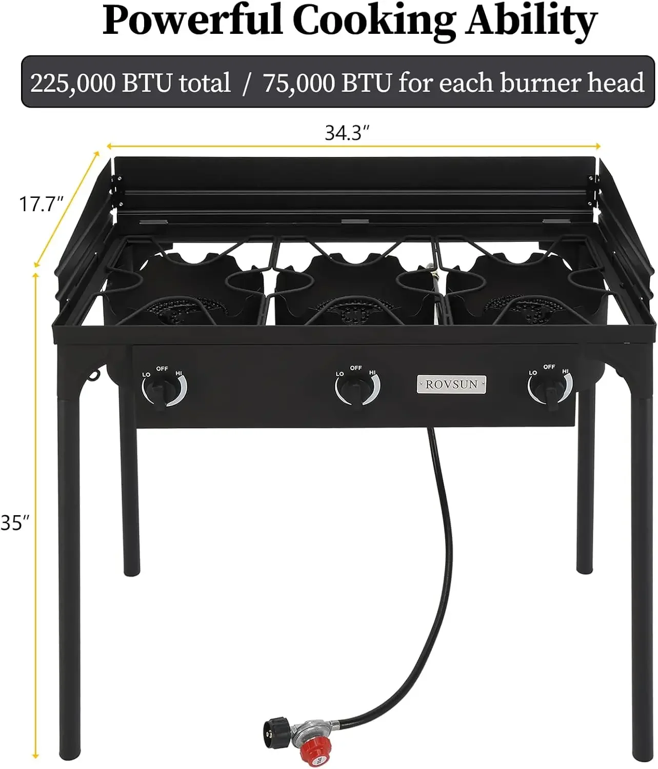 3-Burner Outdoor Portable Propane Burner Stove 225,000-BTU Gas Cooker with Windscreen & Carrying Bag, Heavy Duty Iron Cast Patio