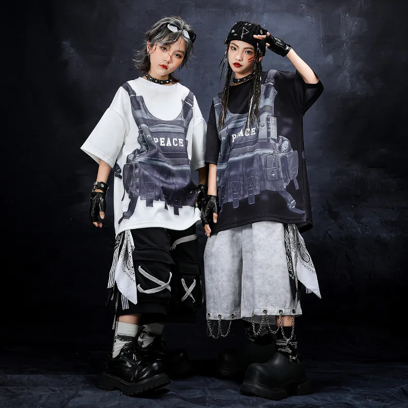 Summer Streetwear Children Boys Girls Hip Hop Loose Casual Short Sleeve T-shirt Shorts Sets Kids Tracksuits Stage Clothes