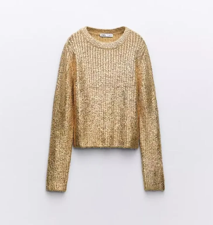 Ximina Sparkling Gold Sweaters For Women Fashion O-Neck Lantern Sleeve Bright Tops Silk Knitted Pullover Traf Official Store