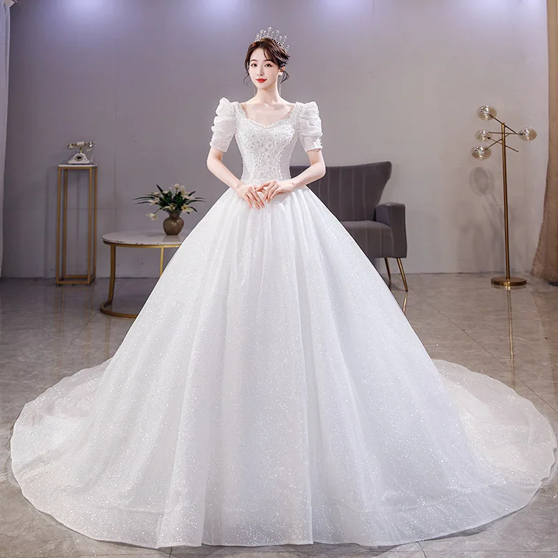 Sweet Princess Wedding Dress 2023 New Shiny Vintage Puff Sleeves Vestido De Novia Delicate Beading Sequin Robe Mariage Femme