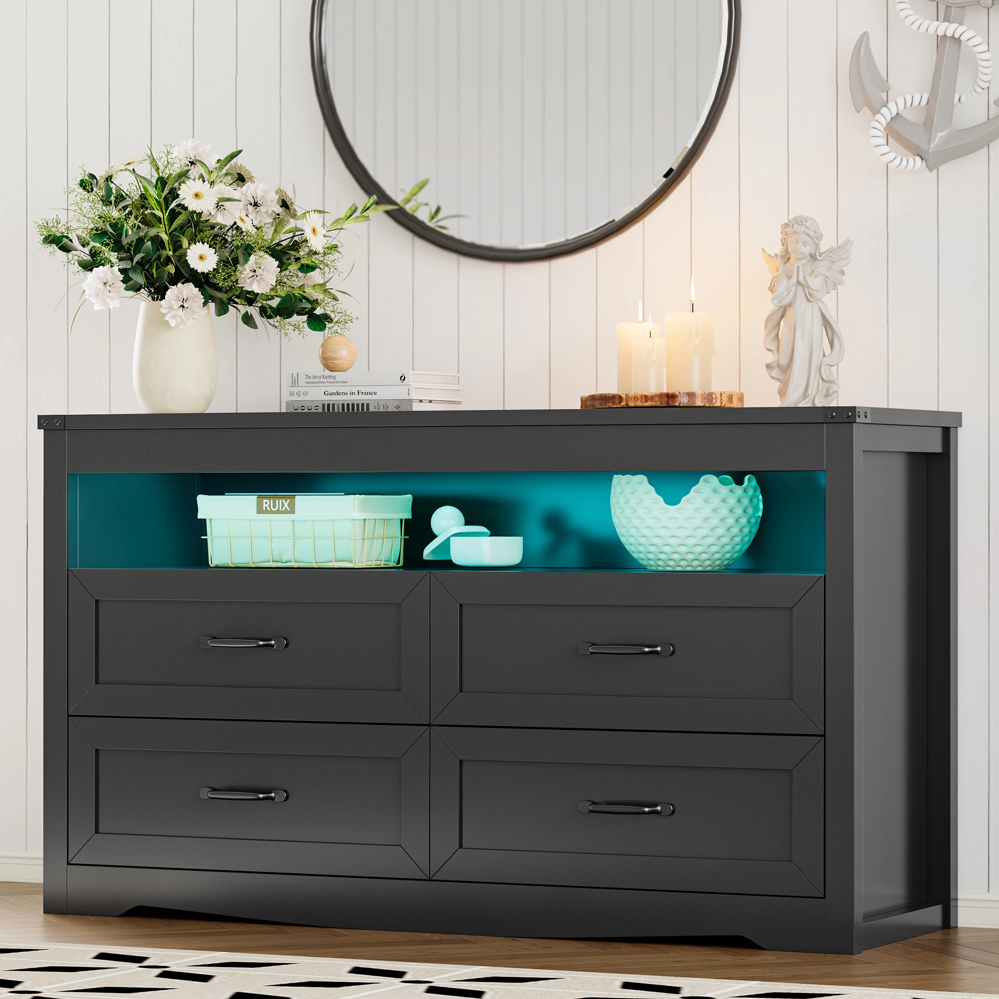 Dresser for Bedroom with LED Lights, 4 Drawer Dresser Chests of Drawers, Modern Wide Dressers with Open Space