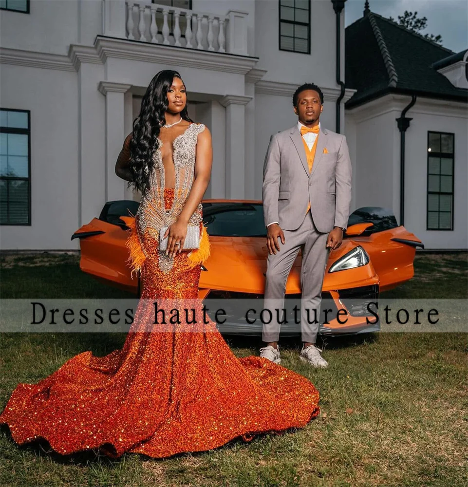 

Orange Sequins Crystals Rhinestones Mermaid Prom Dresses 2025 Black Girls Feathers Wedding Party Gown Formal Dress Customized