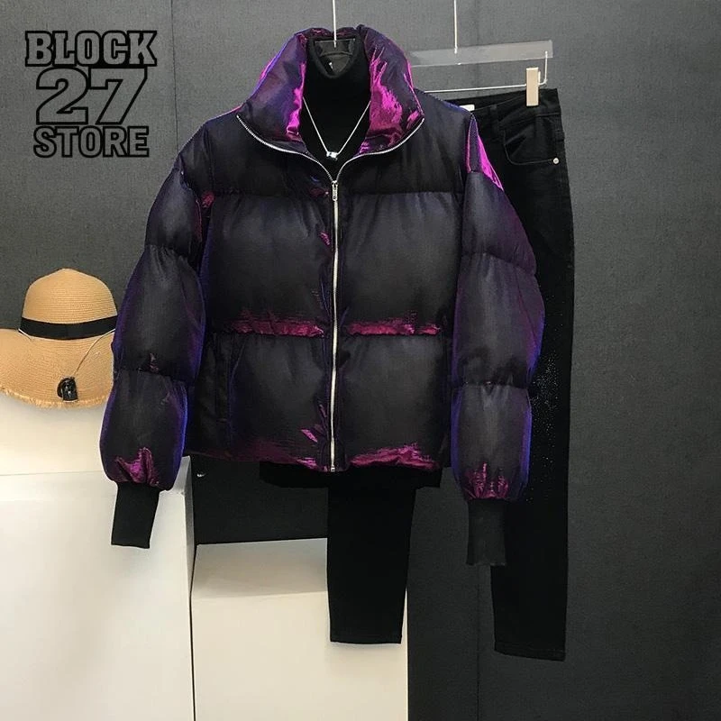 Mens Jacket Harajuku Streetwear Liquid Metal Puffer Coat Thick Warm Loose Fit Stand Collar Winter Padded Casual Fashion Trend