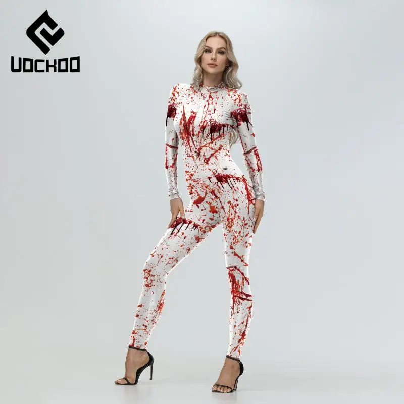 Zombies Jumpsuit Carnival Cosplay Scary Costumes for Women Bloody Print Zenti Party Bodysuit Carnival Party Tight Rompers