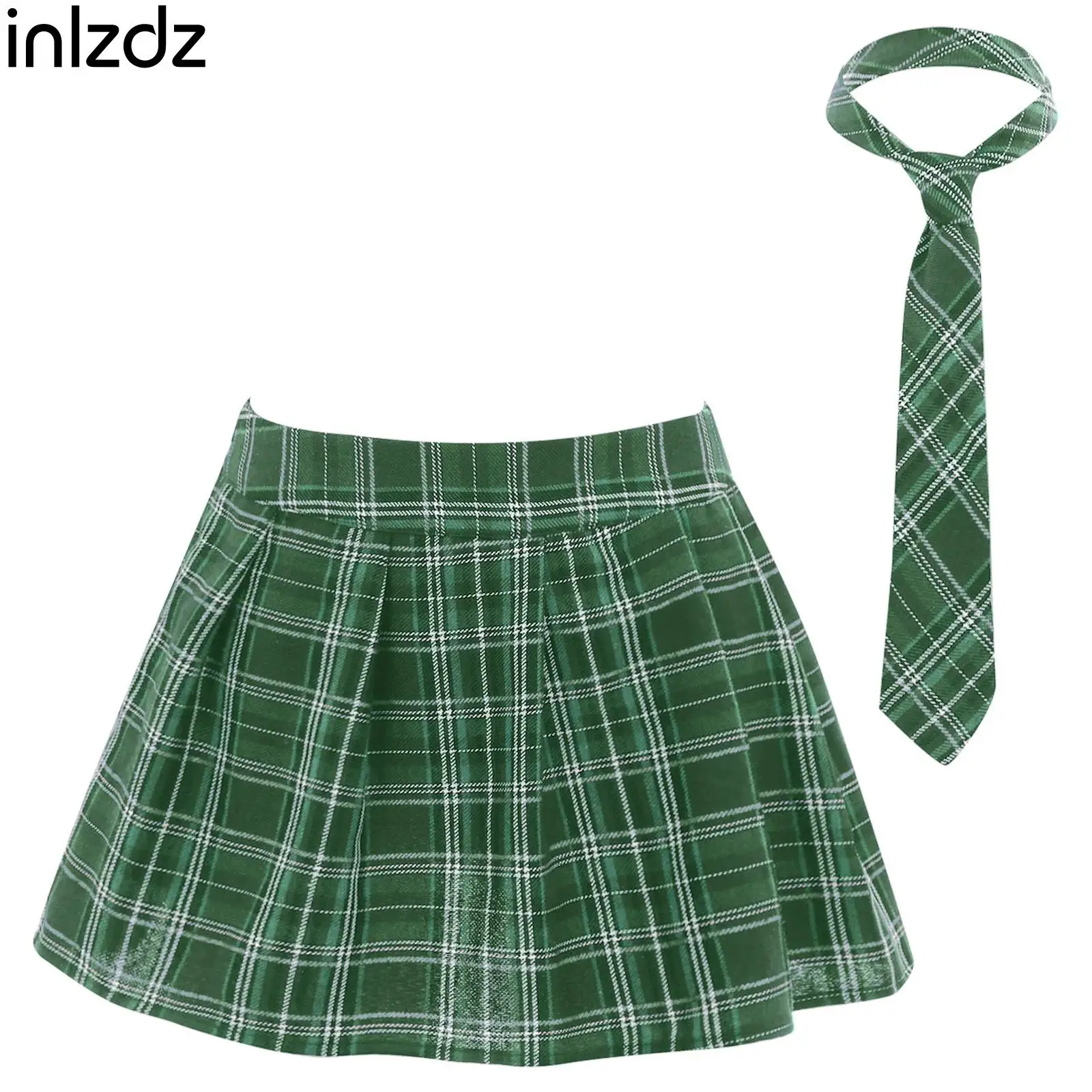 

Womens Schoolgirl Role Play Costume Fancy Dress Ball Outfit Zipper Plaid Pleated Mini Skirt with Necktie for Cosplay Theme Party