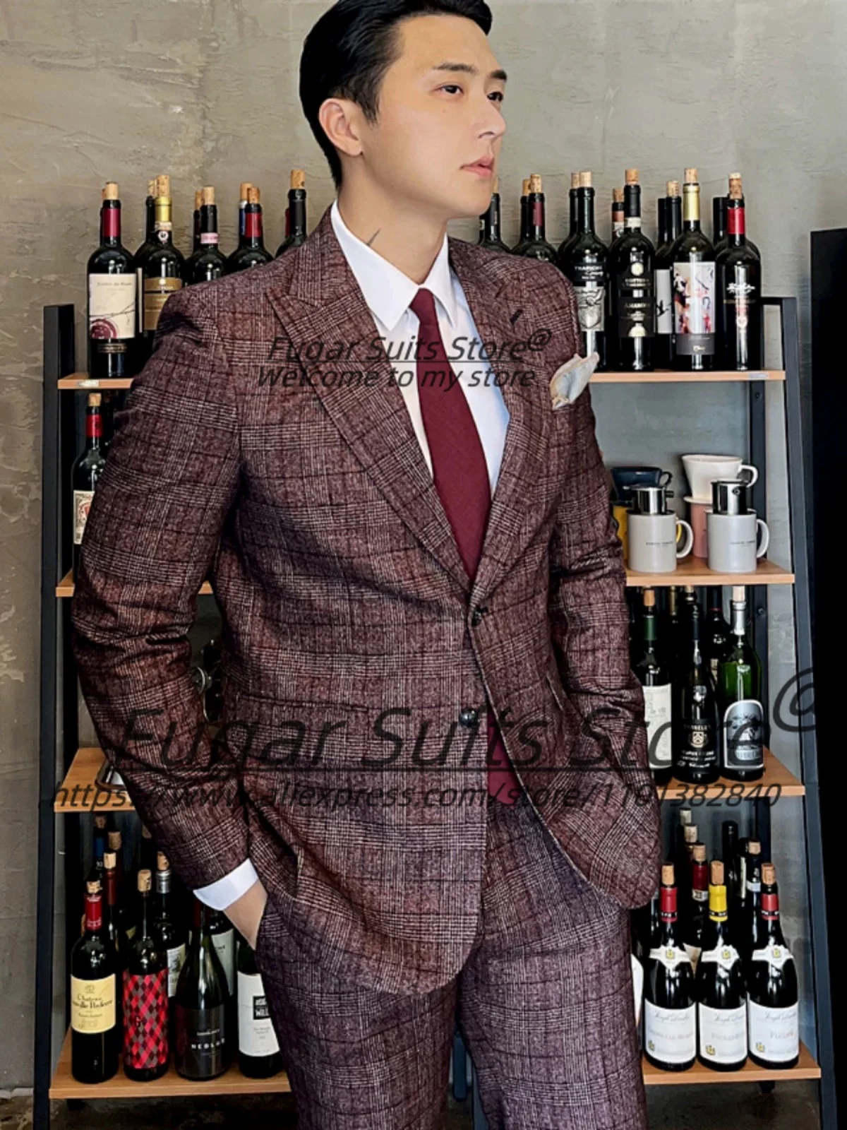 

Customized Business Plaid Men Suits Slim Fit Peak Lapel Man Prom Tuxedos 2 Pieces Sets Male Formal Blazers trajes para hombre