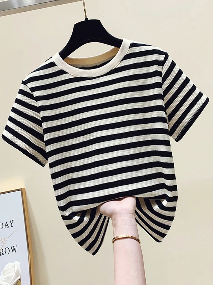 2022 Summer Tops T Shirt Women Short Sleeve Striped Tee Shirt Femme O-neck Summer Tops Knit Shirts Casual T-shirt for Women