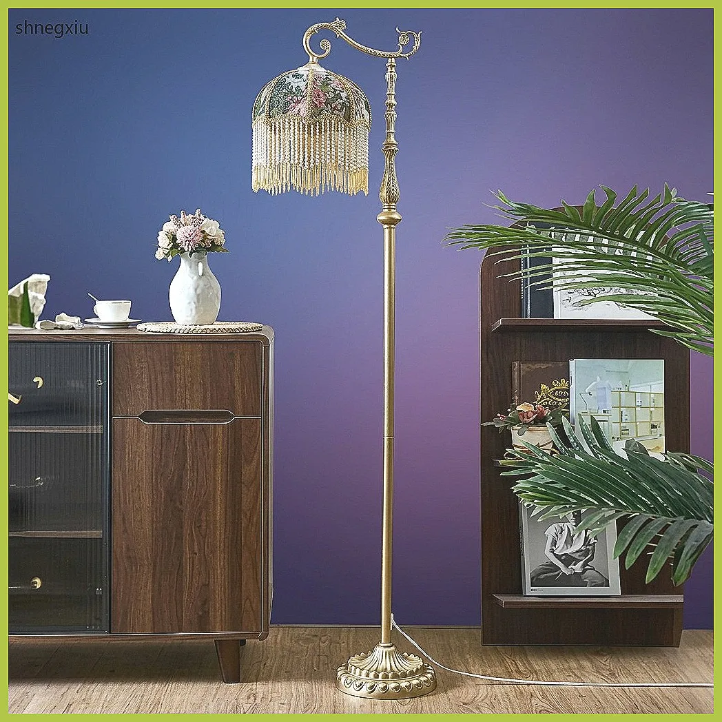 Vintage French Style Floor Lamp with Tassel & Velvet Shade, Artistic Home Decor Lighting for Living Room