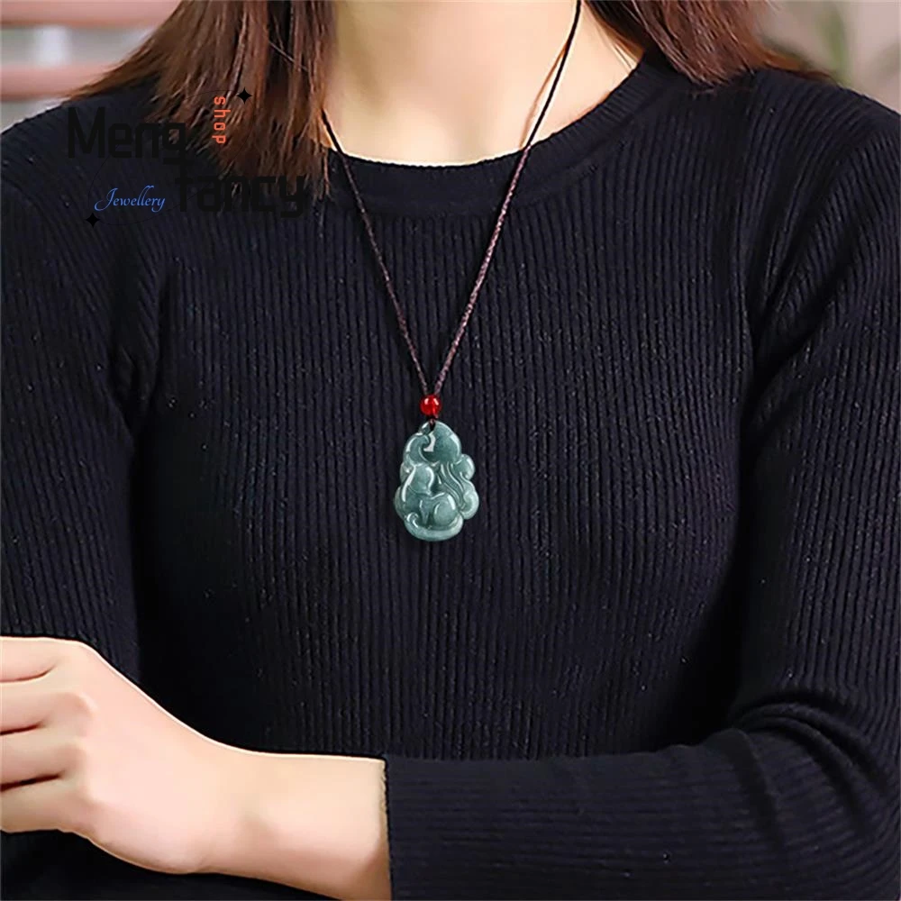 Genuine Natural A-goods Jadeite Blue Water Nine-tailed Fox Pendant Exquisite Mascots Luxury Quality Fashion Jewelry Holiday Gift - Image 6