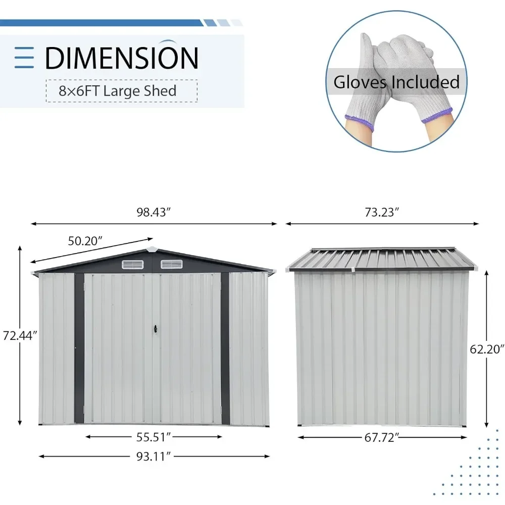 Outdoor Storage Shed with Double Door and Lock, Tall 8x6 FT, Galvanized Steel Metal Garden Shed, Outdoor Storage Room