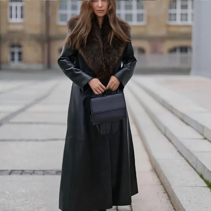 معطف نسائي طويل من الفرو الصناعي بطول 25 عامًا على الطراز الأوروبي والأمريكي مع ياقة قابلة للفصل