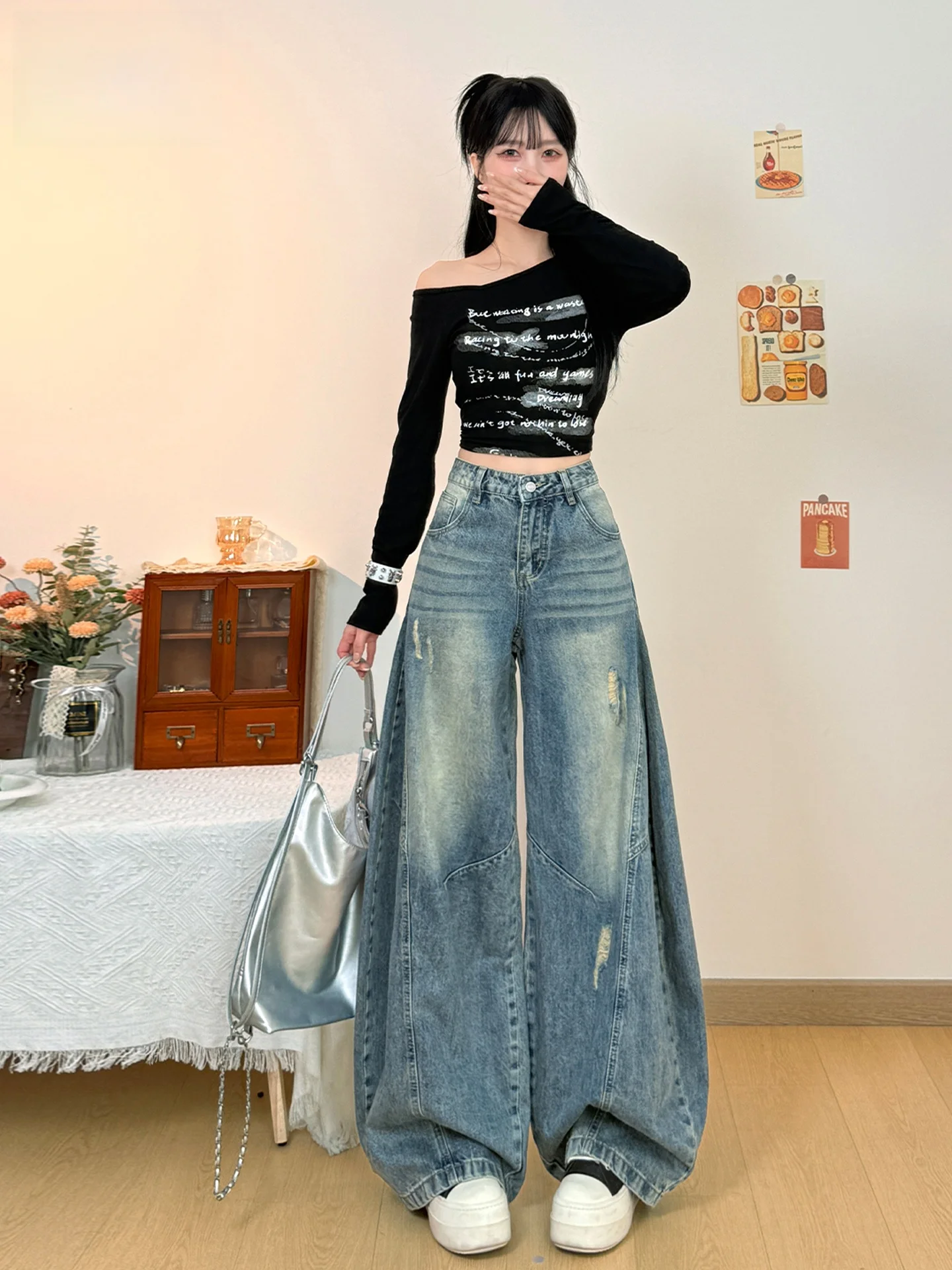 

Retro Washed American Style Wide Leg Denim Jeans Women's Loose Slim Straight Long Pants Casual High Waist Cotton Blend