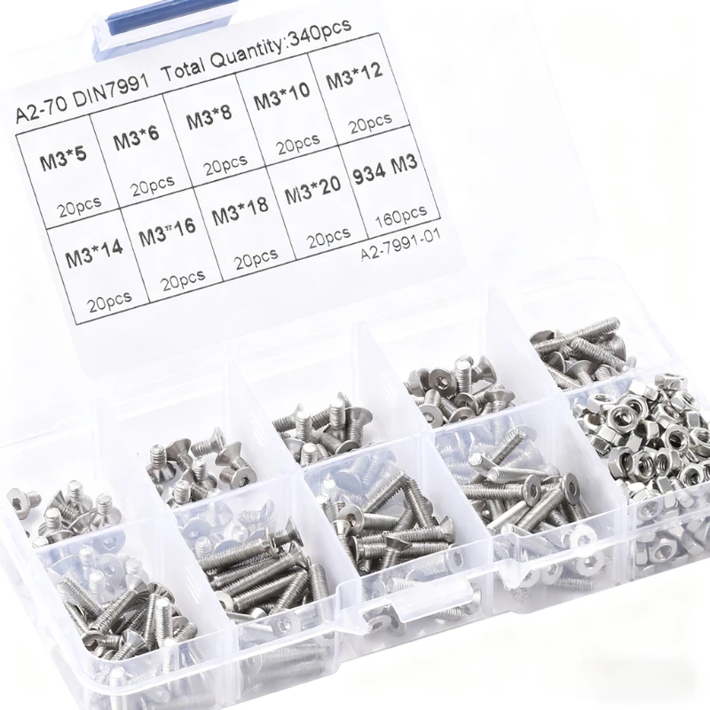 

340Pcs M3 screw set ,304 Stainless Steel Hex Socket flat countersunk Head Screws nuts Assortment Kit M3*5/6/8-20for fpv drones