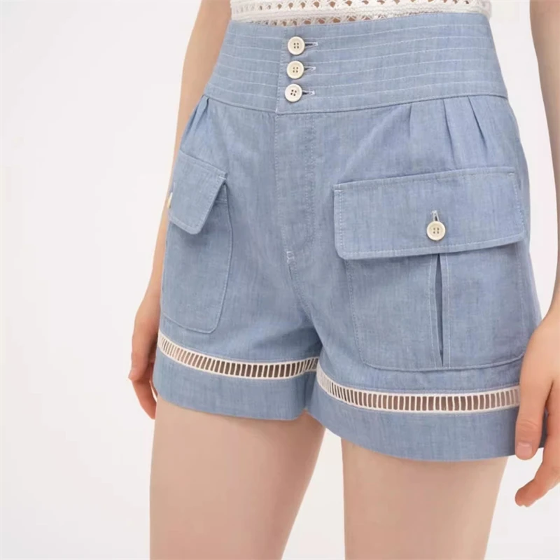 

Summer new women's high waist multi-pocket pureCotton casual shorts y2k high quality fashion casual crochet hollow culottes Traf
