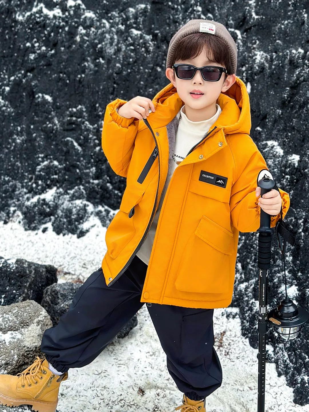 

Хлопковое джинтовое желтое зимнее пальто с воротником из кроличьего меха для мальчиков, молодежное теплое пальто на молнии с длинной застежкой-стойкой