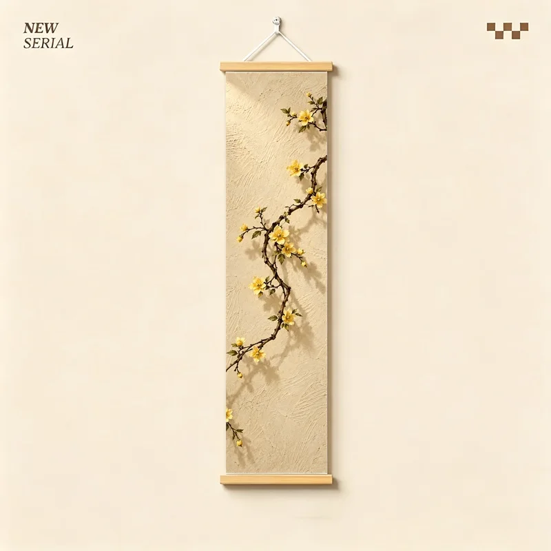 Wall Art Japanese Kerria and Kiwi Vine, Serene Wabi-Sabi Botanical Silver Shimmer Canvas Hanging Scroll for Zen Sanctuary