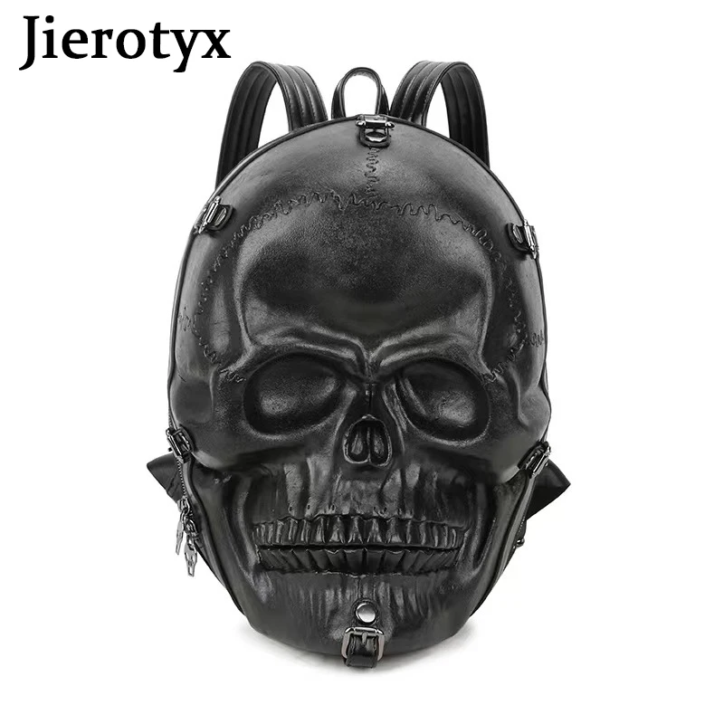 JIEROTYX-mochila gótica con calavera 3D para hombre y mujer, morral de viaje Punk con remaches Vintage, bolsas de ordenador, color negro