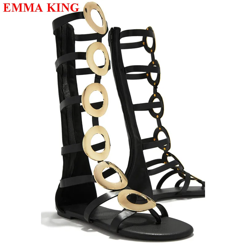 Sexy Women Black Metal Caged Gladaitor Sandals 2023 Summer Hollow Out Peep Toe Knee High Sandals Boots Flats Casual Shoes Woman