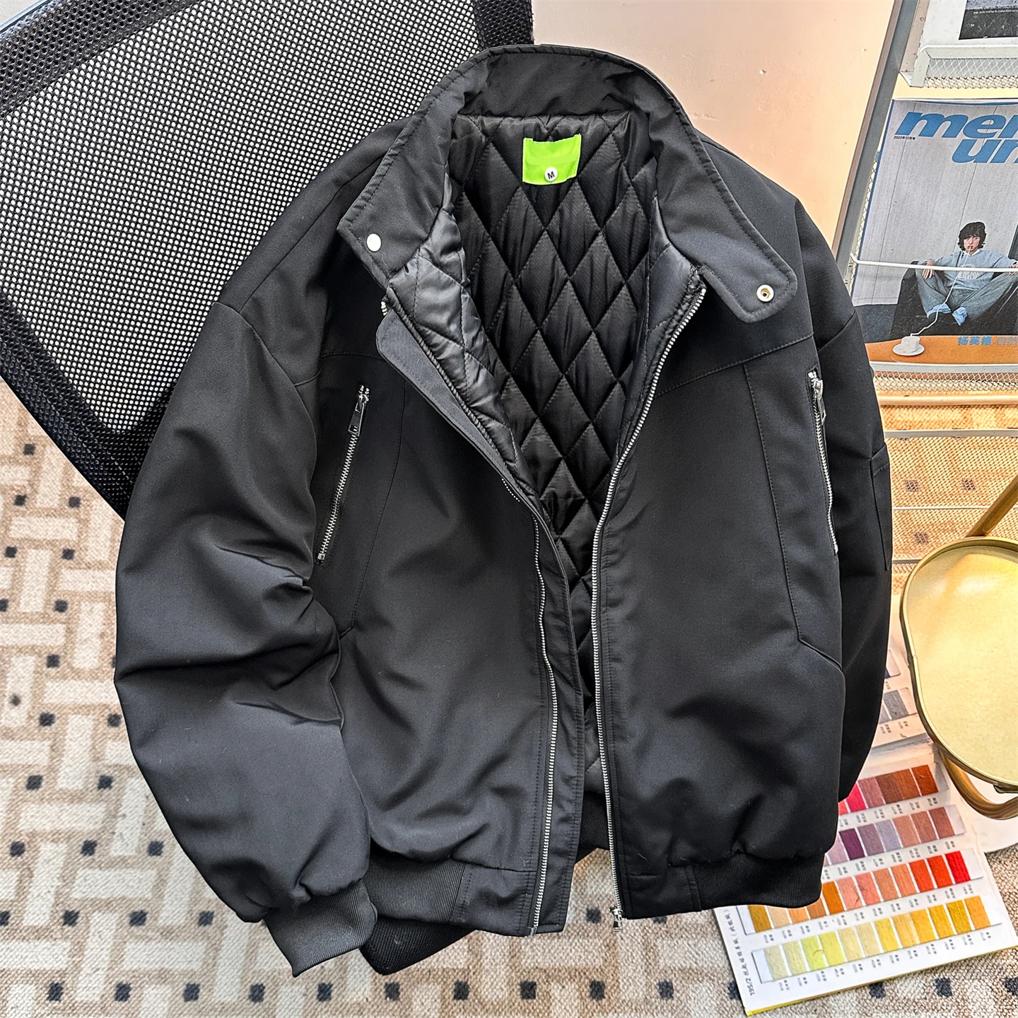 Stand Up Collar Cotton Baseball Jacket For Men Autumn Winter Simple Zipper Thick Coat American Casual Fashion Loose Warm Jackets