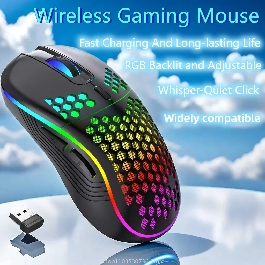 2.4G Wireless Gaming Mouse RGB Lighting Charging Mouse with Adjustable DPI Ergonomic Honeycomb Design for Desktop Laptop