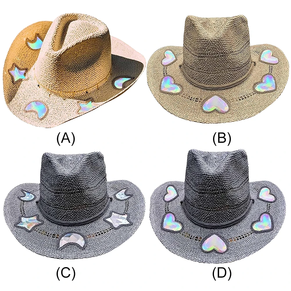 القش قبعات رعاة البقر الغربية للنساء الفتيات نجمة/القمر على شكل راعية البقر قبعة الصيف في الهواء الطلق شاطئ قبعة الشمس قبعة الجاز خمر #3