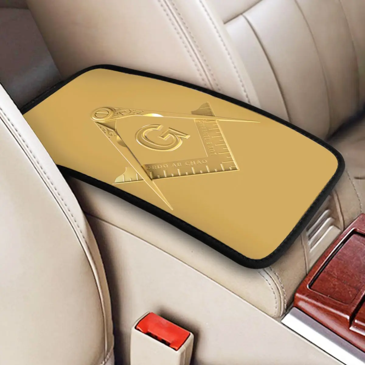 Custom Gold Freemason Logo Center Console Box Pad Masonic Mason Car Armrest Cover Box Protective Interior Cushion Storage Box